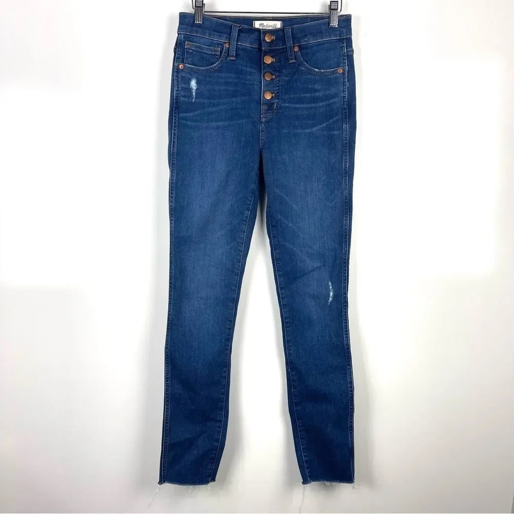 Madewell Distressed Exposed Button Fly 10" High Rise Skinny Jeans Raw Hem Sz 26